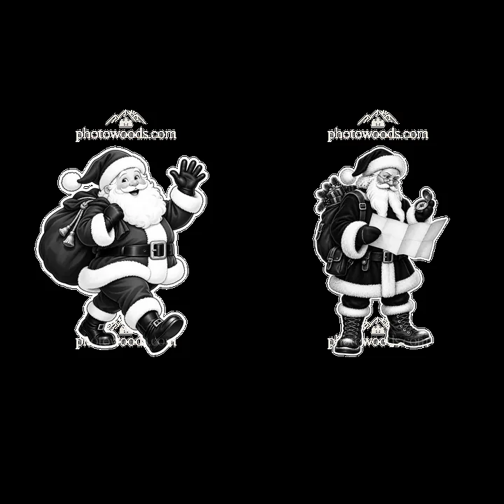 Santa Claus carrying a bag and checking a list in black and white - AI-generated stock image