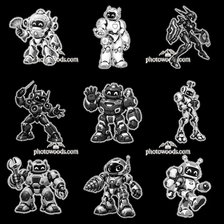 Nine mech robots in a 3x3 grid with various accessories - AI-generated stock image