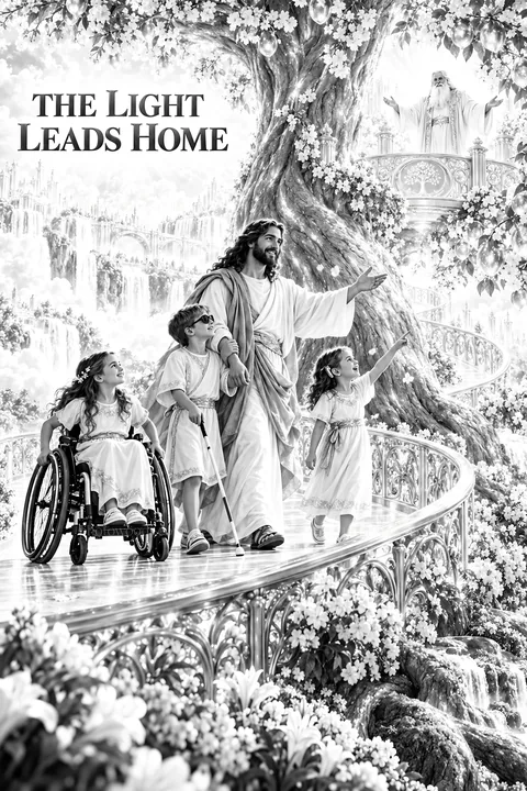 Jesus Christ guiding children on a joyful path - AI-generated stock image