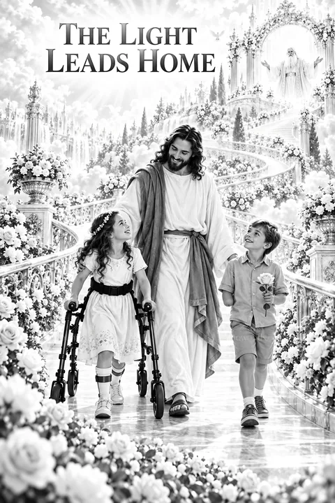 Jesus Christ walking with children in a beautiful garden - AI-generated stock image