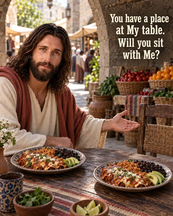Invitation to join at the table with food and drink - AI-generated stock image