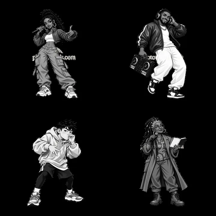 Hip-hop artist sticker set with diverse characters in urban setting - AI-generated stock image