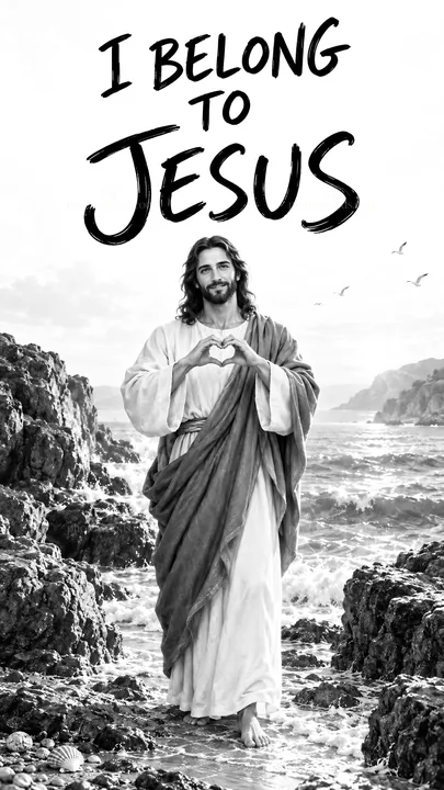 Jesus Christ making a heart gesture at the shore - AI-generated stock image