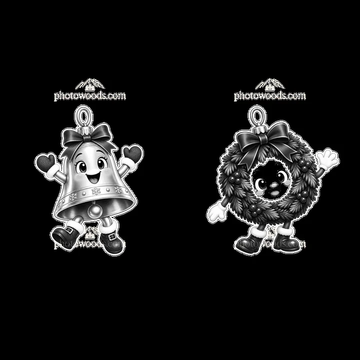 Funny Christmas bell and wreath cartoon stickers on a pair layout - AI-generated stock image