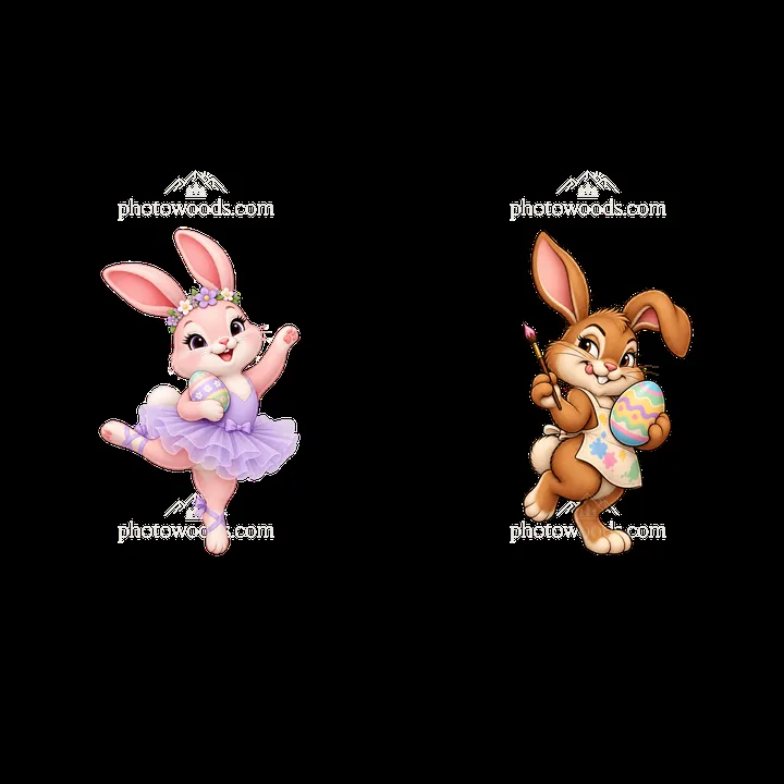 Easter Bunny pair with colored eggs in playful poses - AI-generated stock image