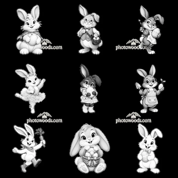 Cute Easter Bunny characters in a 3x3 grid arrangement - AI-generated stock image