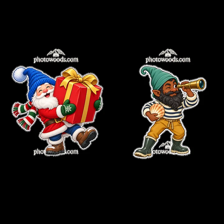 Gnome carrying a gift next to gnome using a telescope - AI-generated stock image