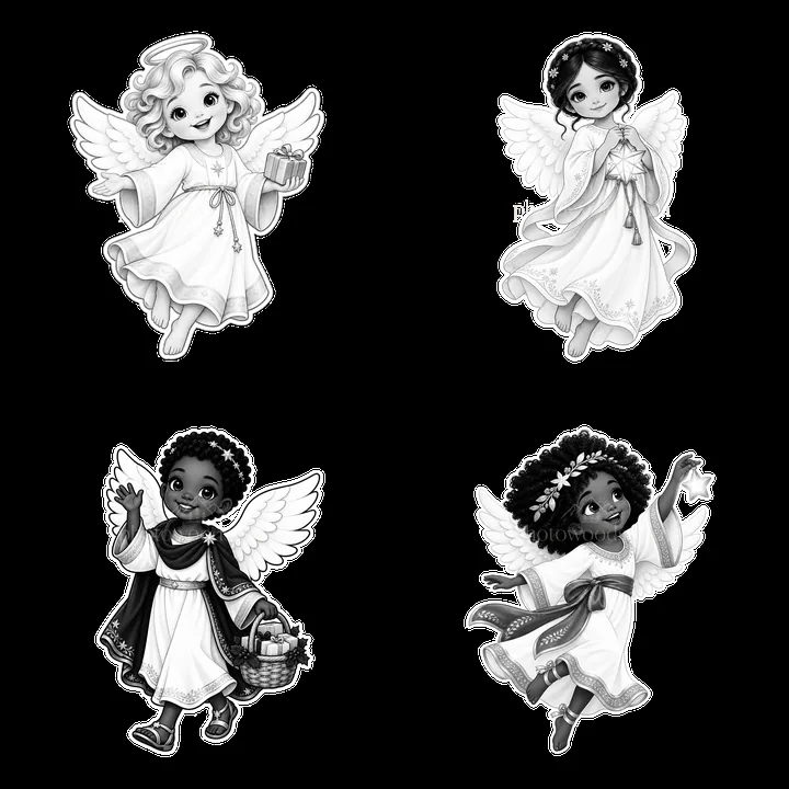 Christ Child delivering gifts with angels in festive poses - AI-generated stock image