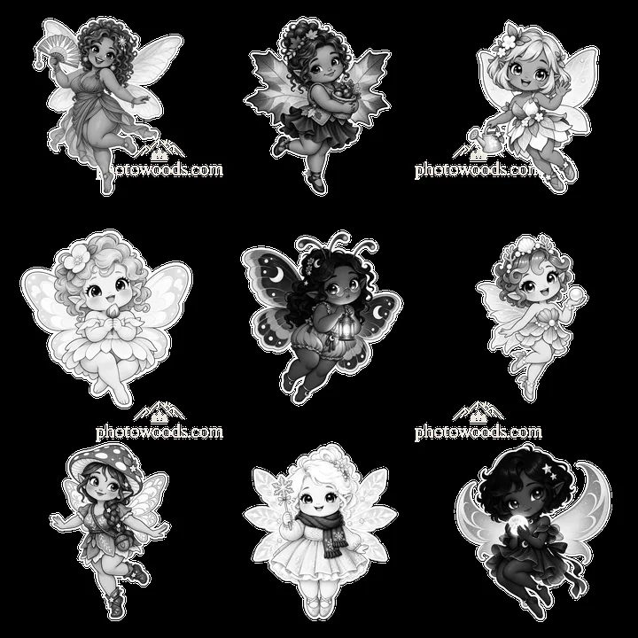 Kawaii chubby fairies in a 3x3 grid with various poses and accessories - AI-generated stock image