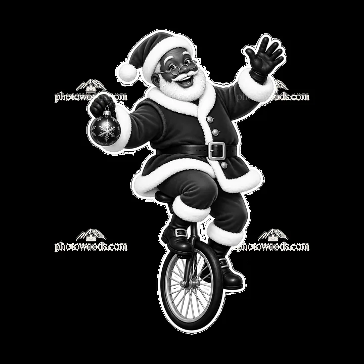 Santa Claus riding a unicycle while holding a Christmas ornament - AI-generated stock image
