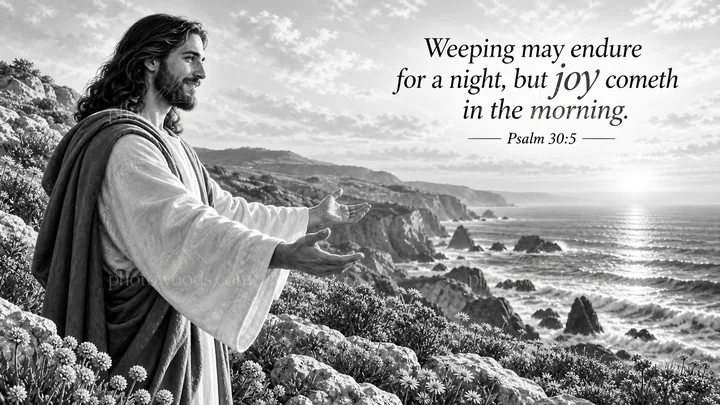 Jesus Christ welcoming with open arms at the shore - AI-generated stock image