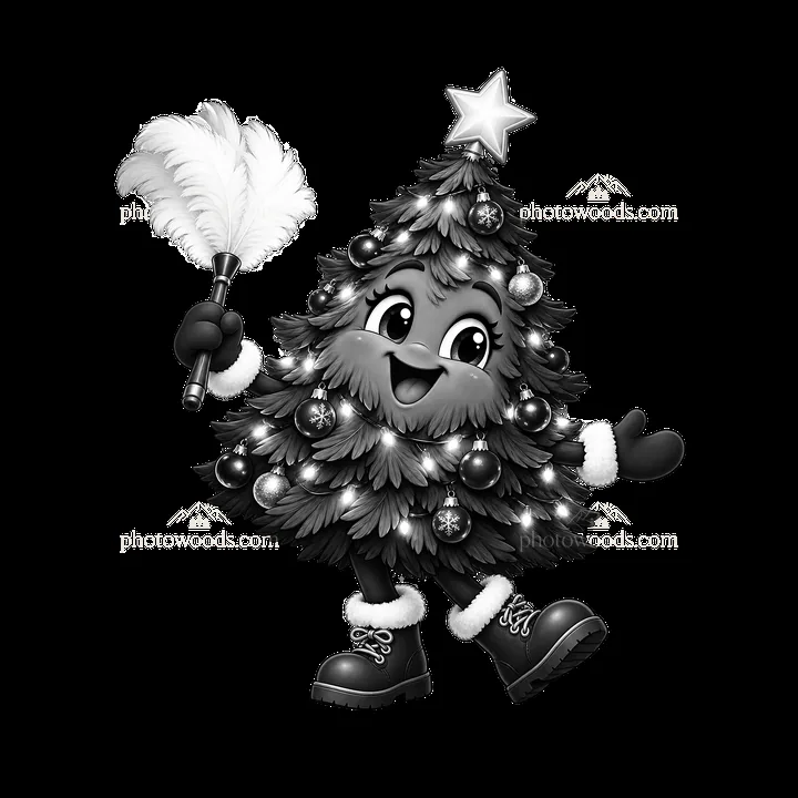 Cartoon Christmas tree character holding a feather duster - AI-generated stock image