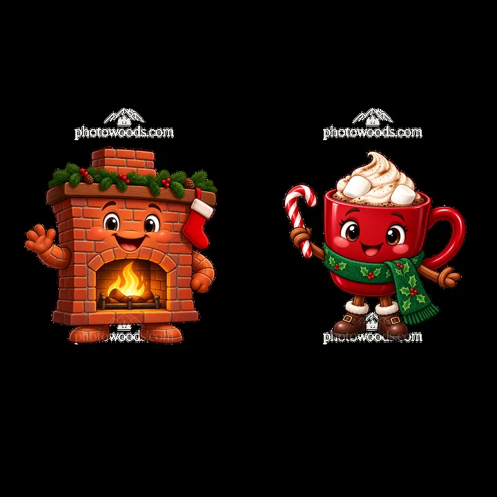 Christmas fireplace and hot cocoa character cartoon stickers - AI-generated stock image