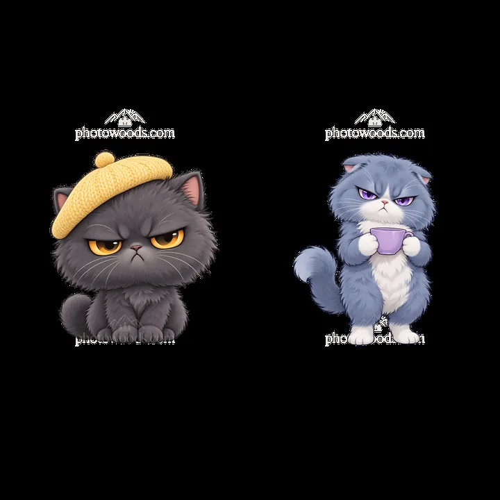 Kawaii grumpy cat duo with accessories and distinct colors - AI-generated stock image