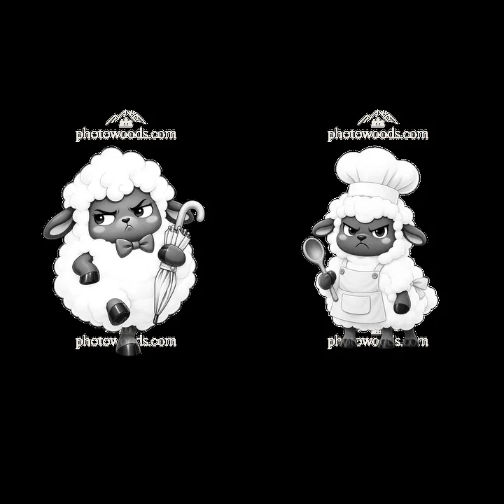Kawaii grumpy sheep with umbrella and chef hat in monochrome - AI-generated stock image