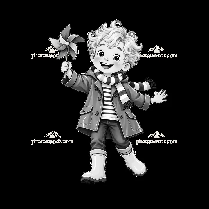 Child smiling with a pinwheel in a raincoat and striped scarf - AI-generated stock image