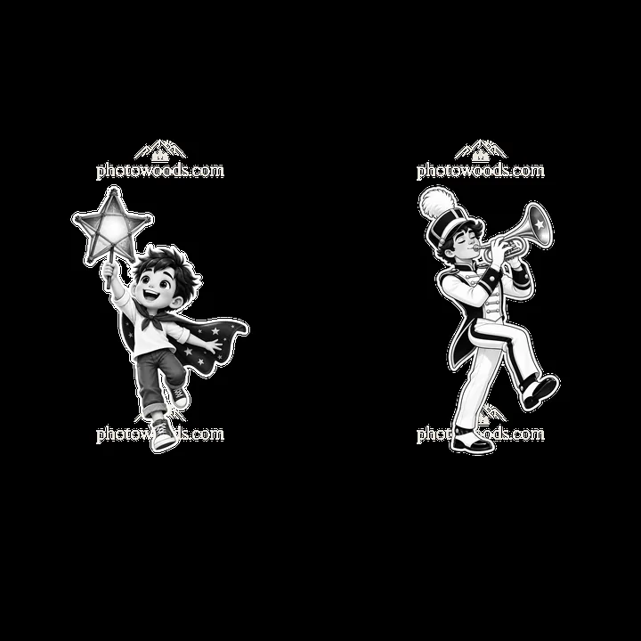 Boy with a star wand and a marching band member with a trumpet - AI-generated stock image
