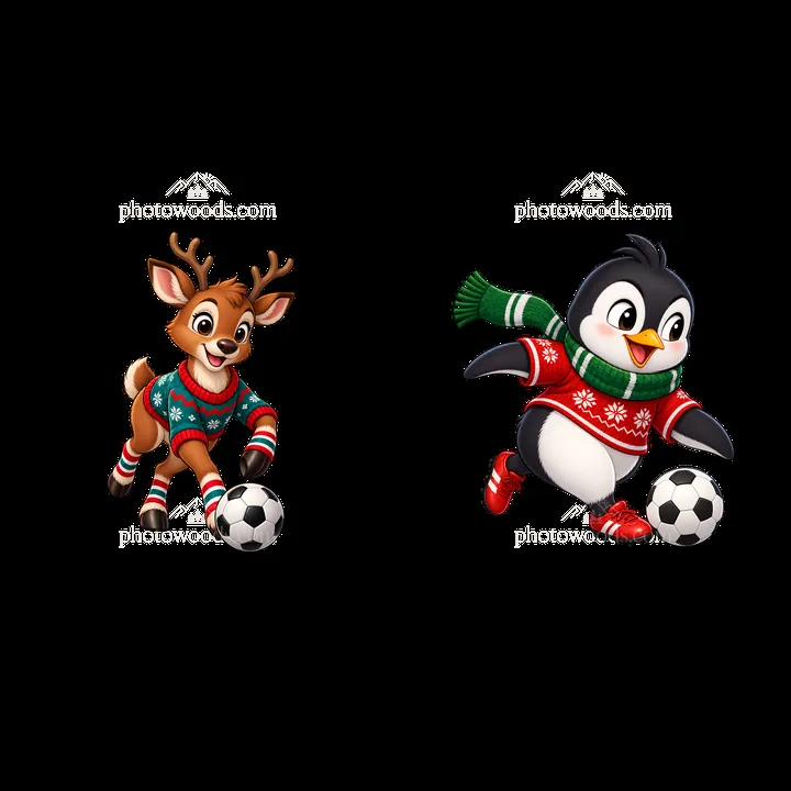 Reindeer and penguin playing soccer in Christmas sweaters - AI-generated stock image